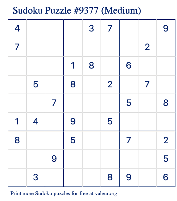 Free Printable Medium Sudoku Puzzle number 9377