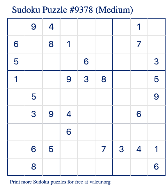 Free Printable Medium Sudoku Puzzle number 9378