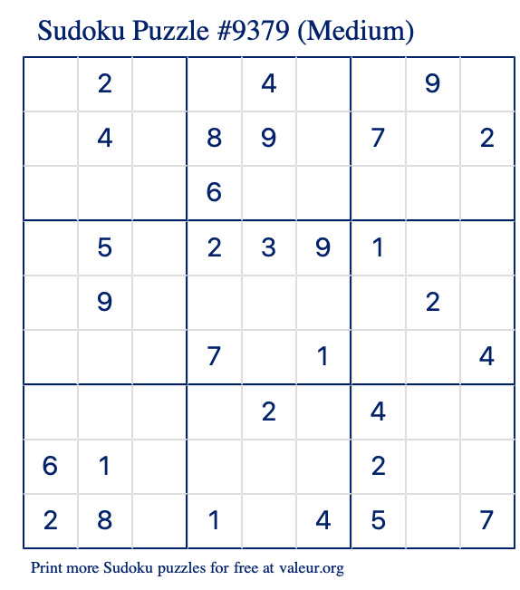 Free Printable Medium Sudoku Puzzle number 9379