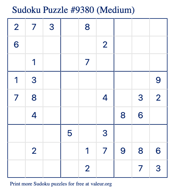 Free Printable Medium Sudoku Puzzle number 9380
