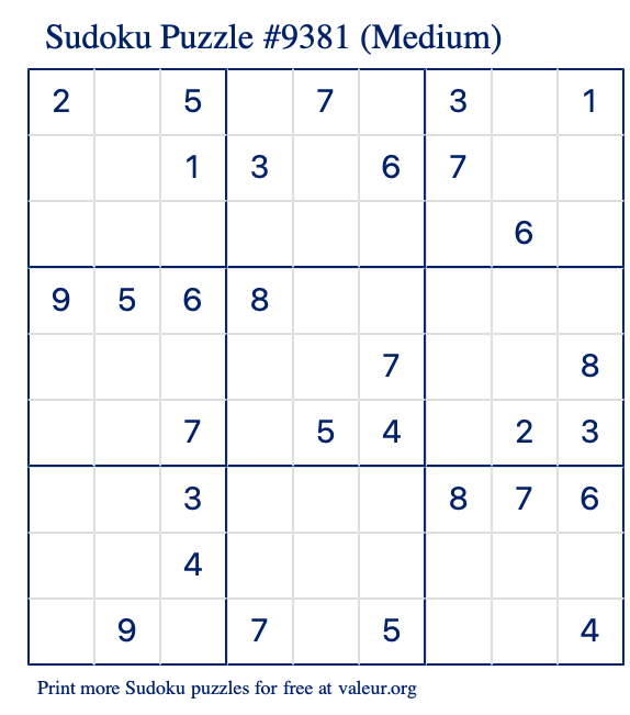 Free Printable Medium Sudoku Puzzle number 9381