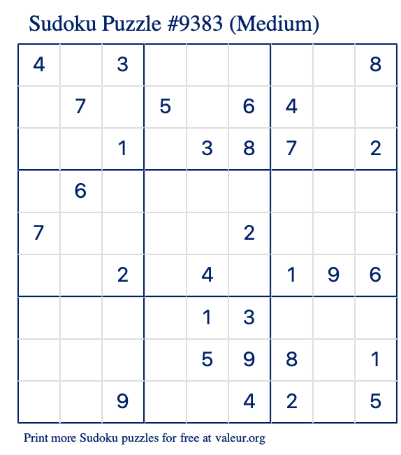 Free Printable Medium Sudoku Puzzle number 9383
