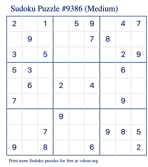 Free Printable Medium Sudoku Puzzle number 9386