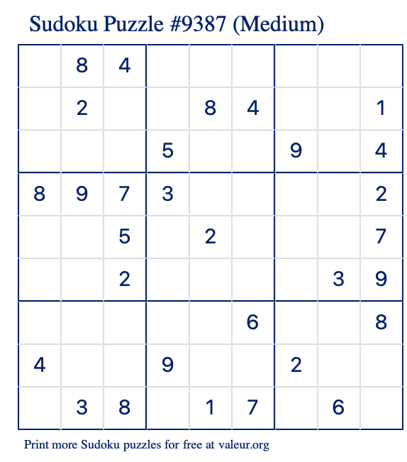 Free Printable Medium Sudoku Puzzle number 9387