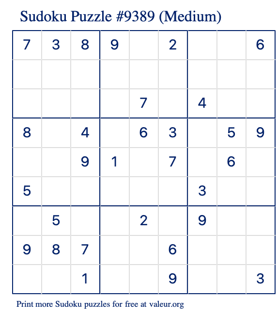 Free Printable Medium Sudoku Puzzle number 9389