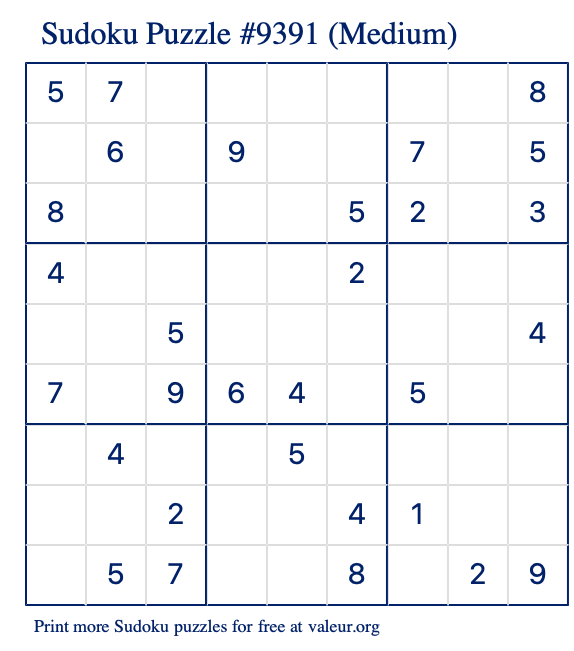 Free Printable Medium Sudoku Puzzle number 9391