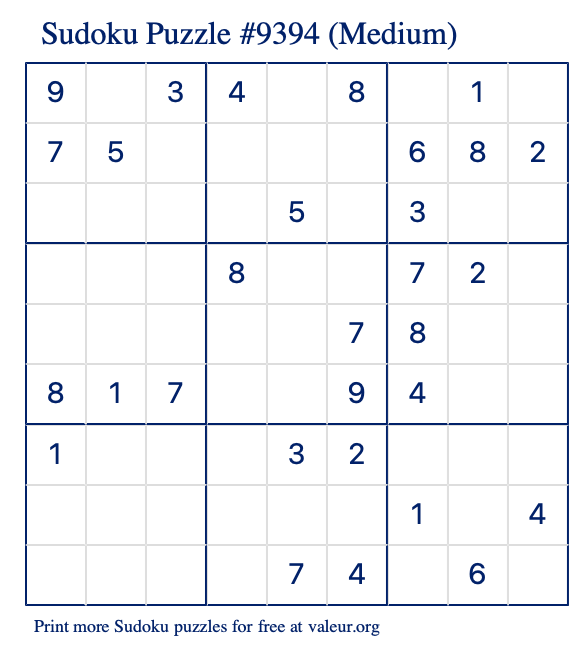 Free Printable Medium Sudoku Puzzle number 9394