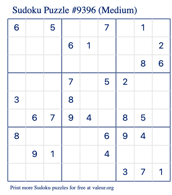 Free Printable Medium Sudoku Puzzle number 9396