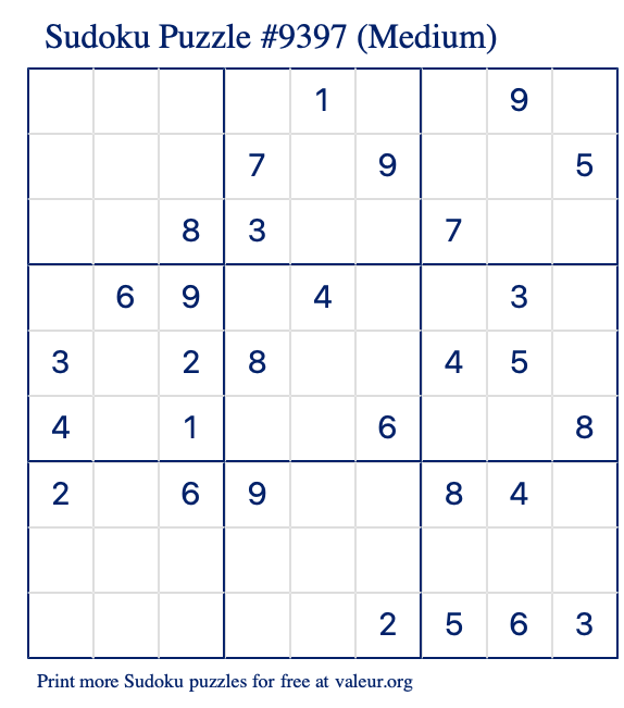 Free Printable Medium Sudoku Puzzle number 9397