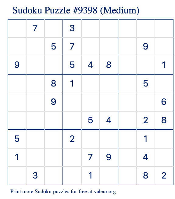 Free Printable Medium Sudoku Puzzle number 9398