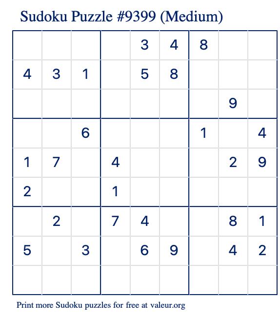 Free Printable Medium Sudoku Puzzle number 9399