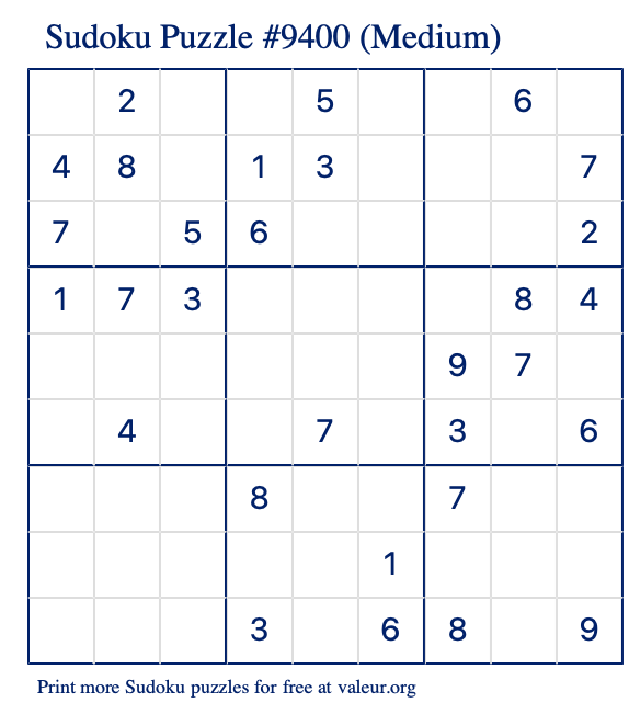 Free Printable Medium Sudoku Puzzle number 9400