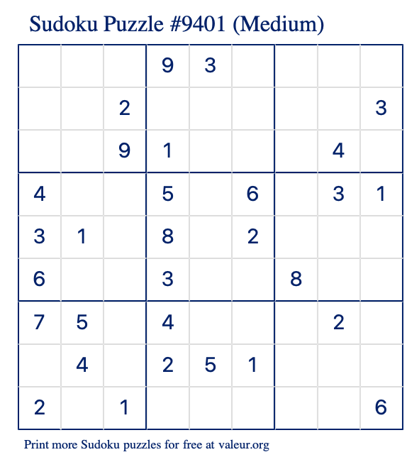 Free Printable Medium Sudoku Puzzle number 9401