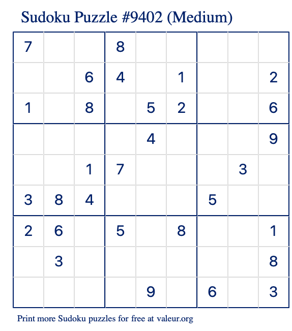 Free Printable Medium Sudoku Puzzle number 9402