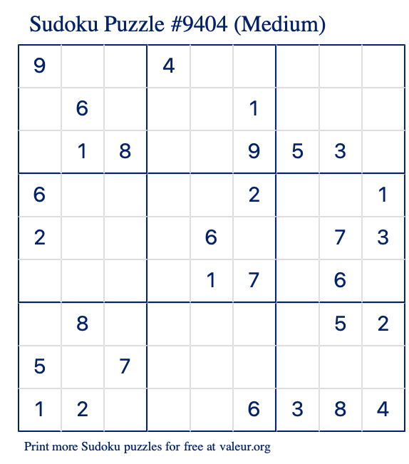 Free Printable Medium Sudoku Puzzle number 9404