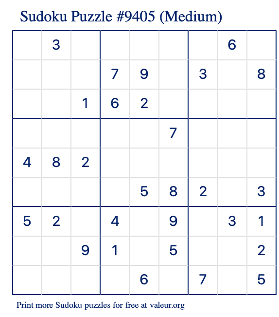 Free Printable Medium Sudoku Puzzle number 9405