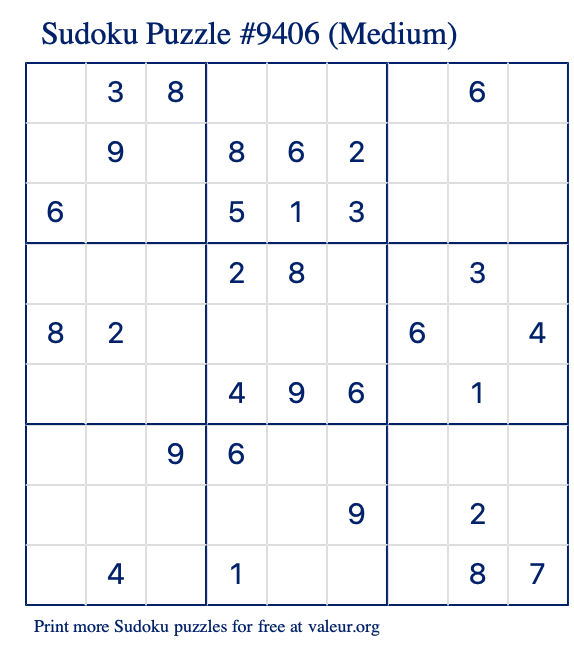 Free Printable Medium Sudoku Puzzle number 9406