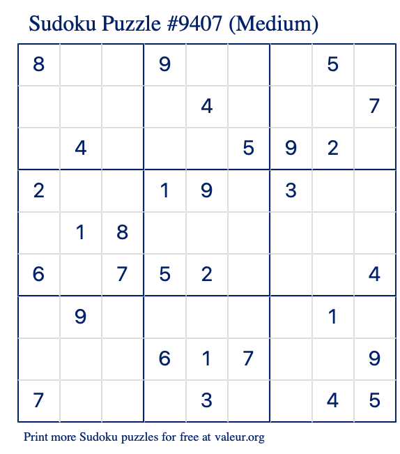 Free Printable Medium Sudoku Puzzle number 9407