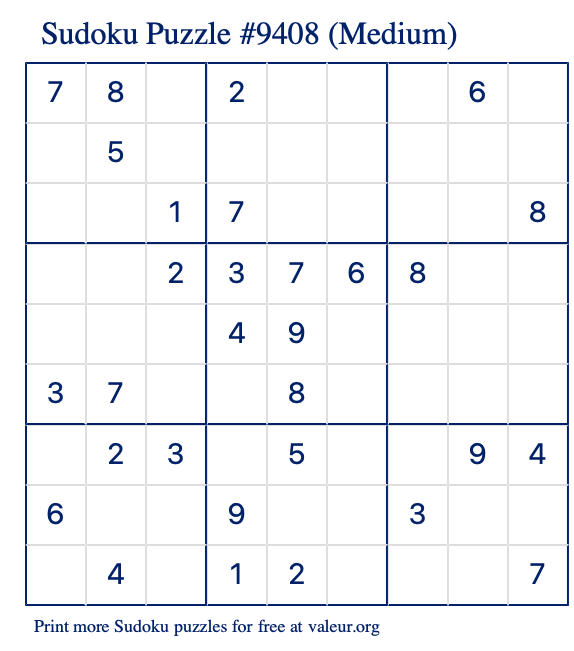Free Printable Medium Sudoku Puzzle number 9408