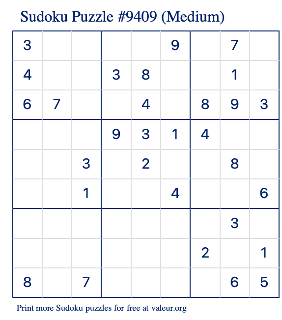 Free Printable Medium Sudoku Puzzle number 9409