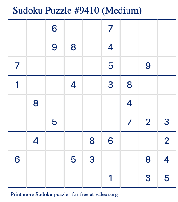 Free Printable Medium Sudoku Puzzle number 9410