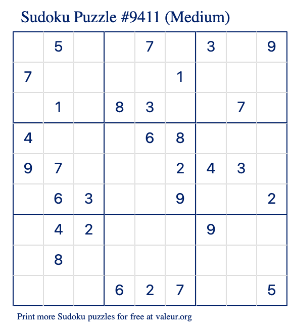 Free Printable Medium Sudoku Puzzle number 9411