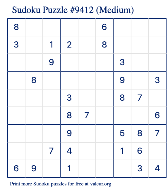Free Printable Medium Sudoku Puzzle number 9412