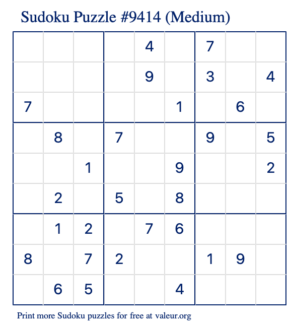 Free Printable Medium Sudoku Puzzle number 9414