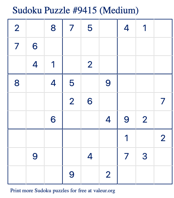 Free Printable Medium Sudoku Puzzle number 9415
