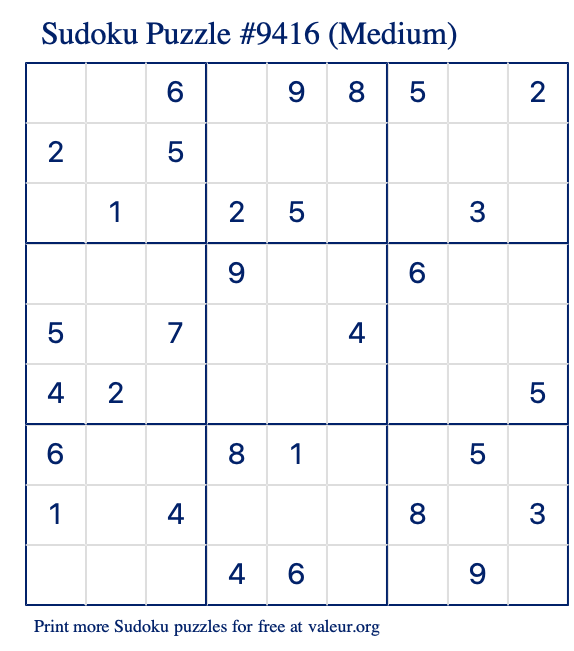 Free Printable Medium Sudoku Puzzle number 9416