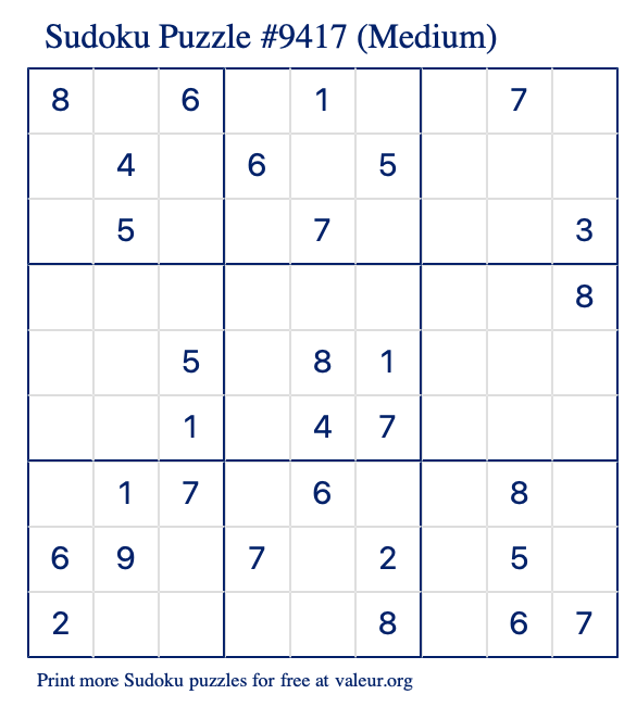 Free Printable Medium Sudoku Puzzle number 9417