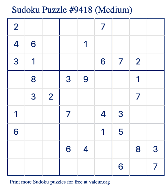 Free Printable Medium Sudoku Puzzle number 9418
