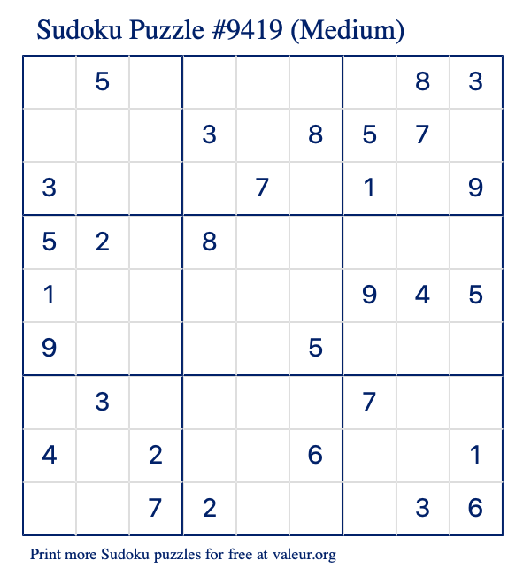 Free Printable Medium Sudoku Puzzle number 9419