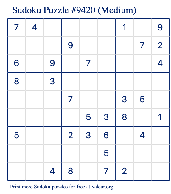 Free Printable Medium Sudoku Puzzle number 9420