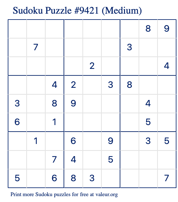 Free Printable Medium Sudoku Puzzle number 9421