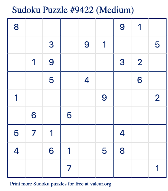 Free Printable Medium Sudoku Puzzle number 9422