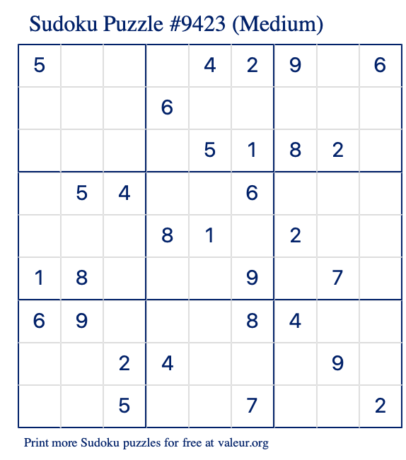 Free Printable Medium Sudoku Puzzle number 9423