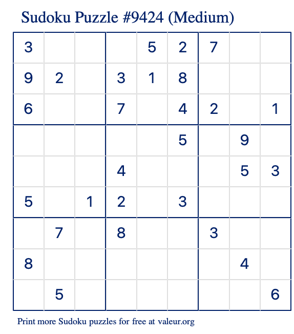 Free Printable Medium Sudoku Puzzle number 9424