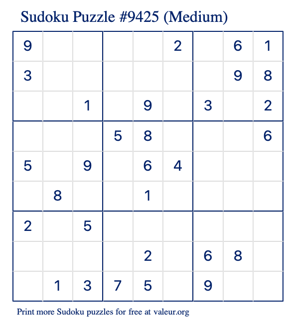 Free Printable Medium Sudoku Puzzle number 9425