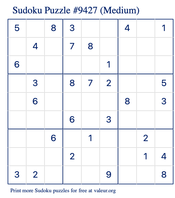 Free Printable Medium Sudoku Puzzle number 9427