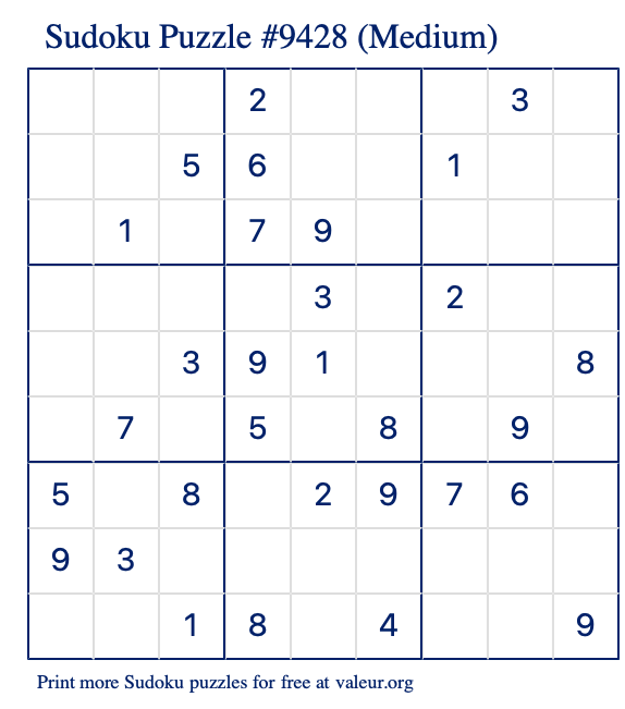Free Printable Medium Sudoku Puzzle number 9428