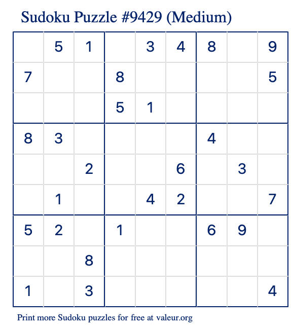 Free Printable Medium Sudoku Puzzle number 9429