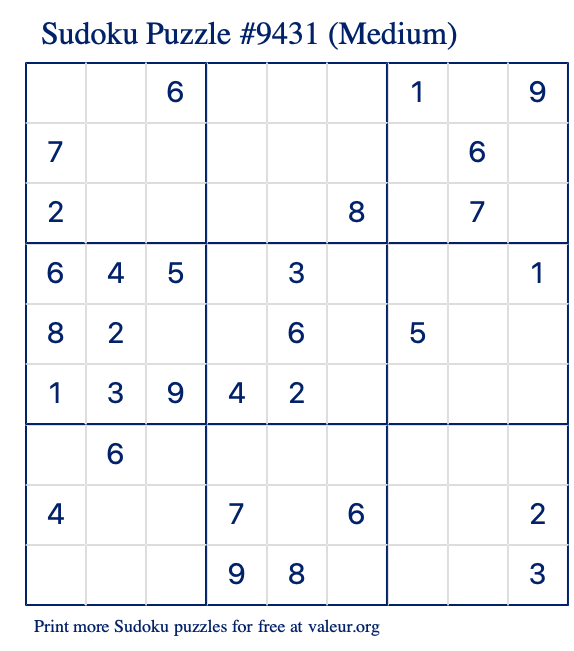Free Printable Medium Sudoku Puzzle number 9431