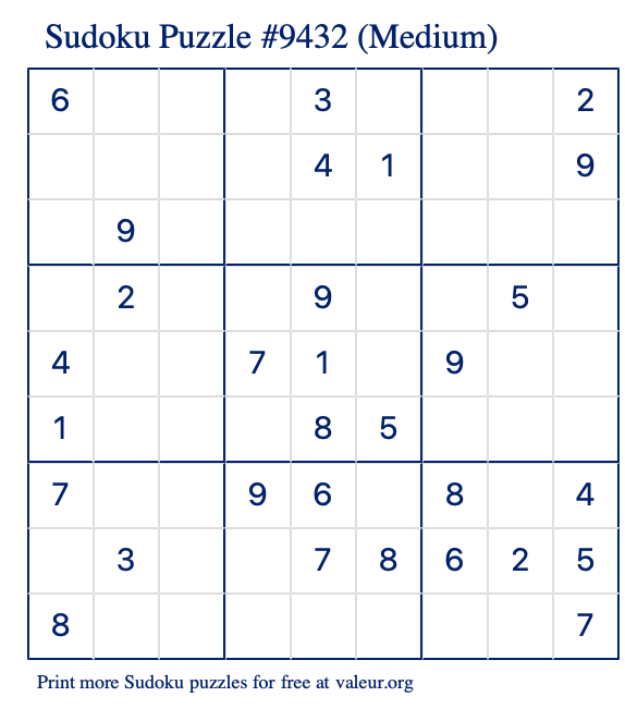 Free Printable Medium Sudoku Puzzle number 9432