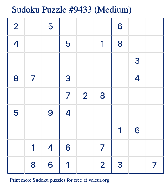 Free Printable Medium Sudoku Puzzle number 9433