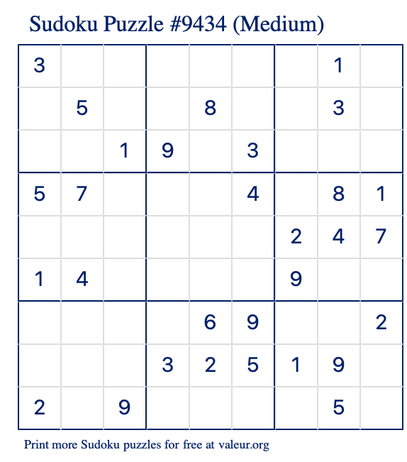 Free Printable Medium Sudoku Puzzle number 9434