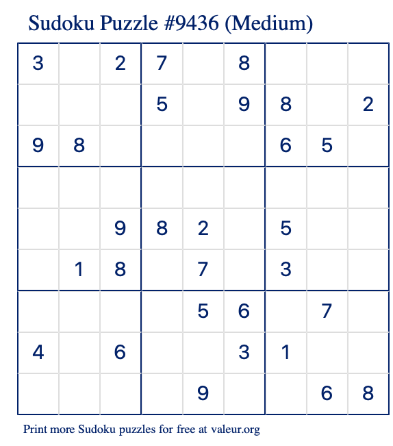 Free Printable Medium Sudoku Puzzle number 9436