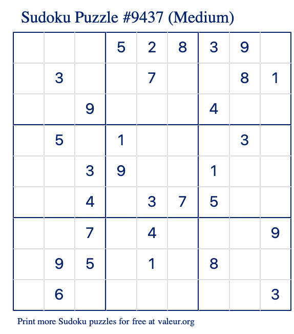 Free Printable Medium Sudoku Puzzle number 9437