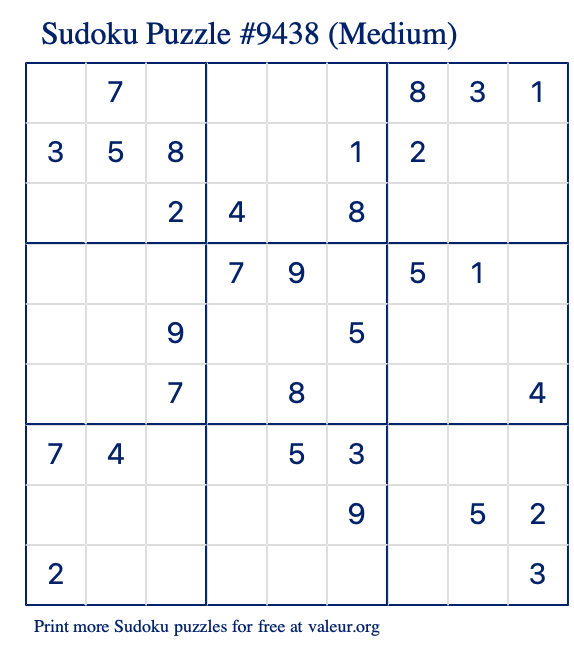 Free Printable Medium Sudoku Puzzle number 9438