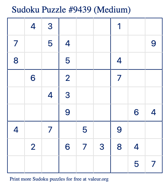 Free Printable Medium Sudoku Puzzle number 9439